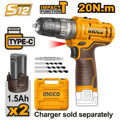 INGCO CIDLI12206  12V 2BATT+BOX TYPE-C 20N.M مقدح بطارية رجراج Cordless Impact Drill