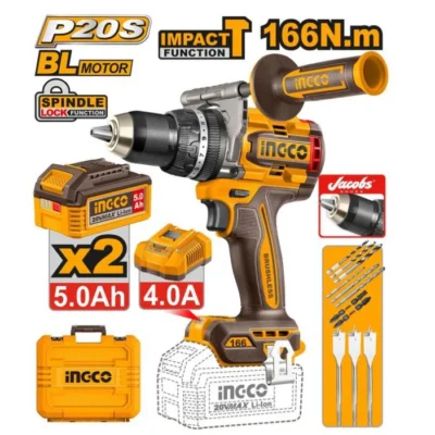 INGCO CIDLI201668  20V 2BATT 5AH+CHAR+BOX 13MM 166N.M BL مقدح بطارية صناعي رجراج heavy-duty 20V Brushless Cordless Impact Drill