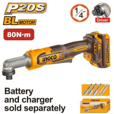 INGCO CAIRLI2081 20V HEX SHANK 1/4" 80N.M مسكة فك براغي طقطاق زاوية بطارية فدار Cordless angle impact driver (Bare Tool)