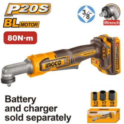 INGCO CAIWLI2081 20V SQUARE DRIVE 3/8" 80N.M مسكة فك عزق طقطاق زاوية بطارية فدار brushless cordless angle impact wrench (Bare Tool)