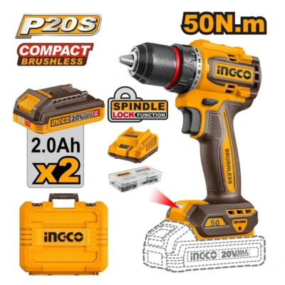 INGCO CDLI205062  20V 2BATT 2AH+CHAR+BOX 13MM 50 N.M مقدح بطارية صناعي Compact Brushless Cordless Drill