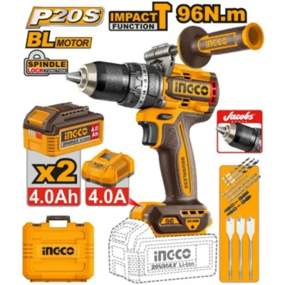 INGCO CIDLI209686  20V 2BATT 4A+CHAR+BOX 13MM 96N.M BL مقدح بطارية صناعي رجراج Brushless cordless impact drill