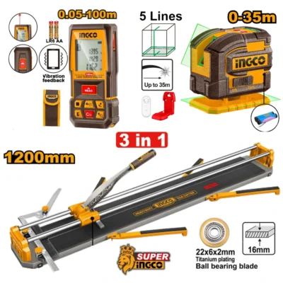 INGCO COS251011 مجموعة مقص بلاط + لير شقلة 5 خطوط اخضر + متر ليزر 100متر + BAG 3 PCS TOOLS SET