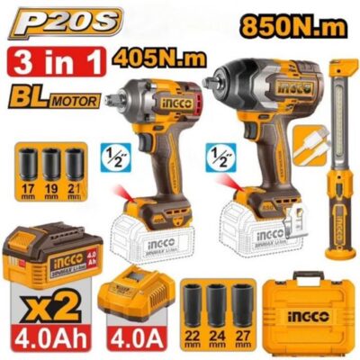 COSLI251085  20V 3Pcs 2Batt+Char+Box مجموعة   فردد شد عزق 850 & 405 نيوتن850NM+405NM IMPACT WRENCH + WORKLIGHT COMBO