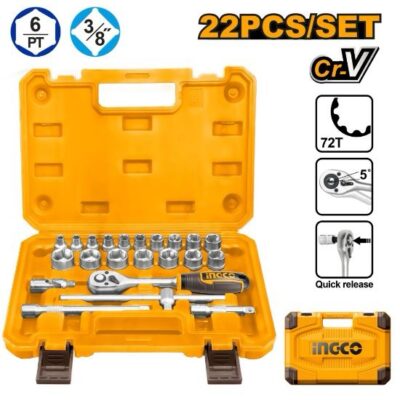 HKTS38221  22Pcs 3/8" طقم طربوش مع طقطاق PCS 22 3/8″ SOCKET SET