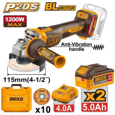 INGCO CAGLI2120252  20V 10DISC 2BATT 5AH+CHAR+BOX BL 1200W صاروخ بطارية CORDLESS ANGLE GRINDER