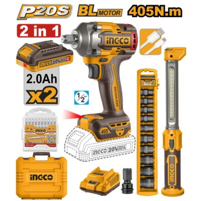 INGCO COSLI23056  20V BOX + مجموعة فردد شد عزق 405 نيوتن+بلادوز وطقم طرابيش بولاد IMPACT WRENCH 405NM + WORKLIGHT COMBO SET