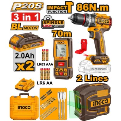 INGCO COSLI251001 20V مجموعة مقدح بطارية رجراج 86 نيوتن + متر ليزر وليزر شقلة اخطر خطين COMBO 3PCS IMPACT DRILL SELF-LEVELING LINE LASER LASER DISTANCE DETECTOR