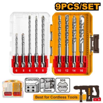 INGCO AKDL30906 طقم ريش صناعية بعلبة بلاستيك  SDS Plus 9Pcs Hammer Drill Bits