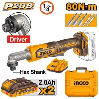 INGCO CAIRLI208 20V 2Batt 2Ah+Char+Box Hex 80N.m 1/4" مسكة فك براغي طقطاق زاوية بطارية Cordless Angle Impact Screw Driver