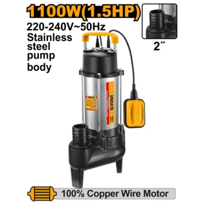 INGCO SPDS110068 1100W (1.5HP) 2" مضخة غاطسة للمياه العكرة ستانلس SEWAGE SUBMERSIBLE PUMP W/FLOAT