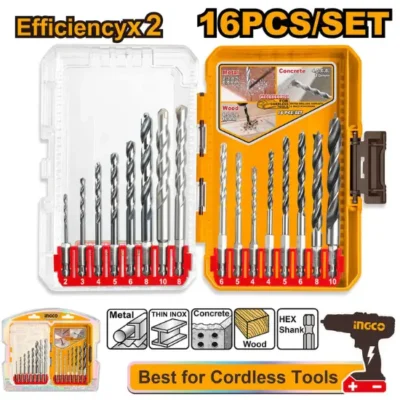 INGCO AKDL11608 16 Pcs طقم ريش باطون وخشب وحديد Metal, Masonry, and Wood Drill Bits Set with Hex Shank