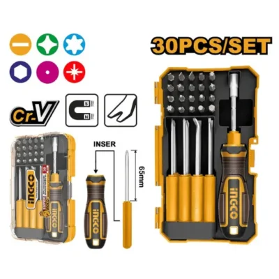 INGCO AKISD3001 30Pcs طقم مفكات مع 6 انواع رؤوس تبديل Interchangeable Screwdriver Bits Set