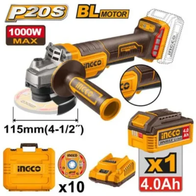INGCO CAGLI2111561 20V 1Batt 4Ah+Char+Box BL صاروخ مع كبسة امان وقفل  Cordless Angle Grinder with Safety Trigger Switch