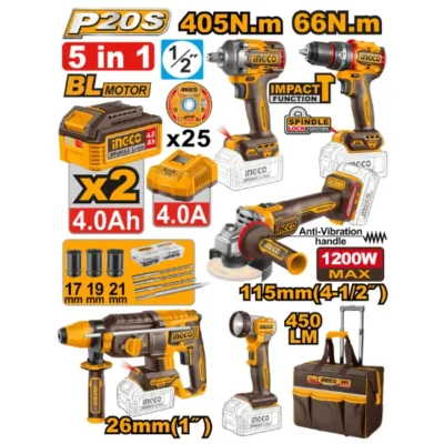 INGCO CKLI20595 20V Bag+SDS مجموعة مقدح+فرد شد +صاروخ+انريك+مقدح Cordless Industrial Combo Kit 5Pcs