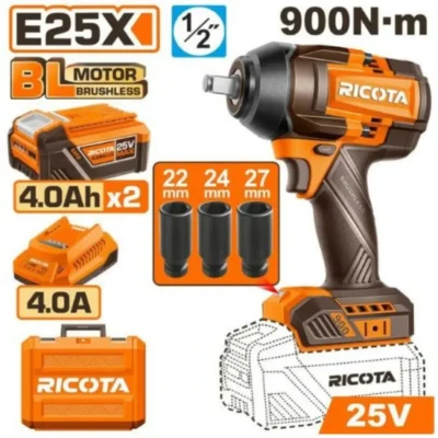 RICOTA RLEWH25900 25V 2Batt 4Ah+Box 900N.m فرد شد عزق بطارية Brushless Impact Wrench