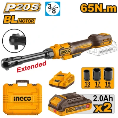 INGCO CDRLI2065292 20V 2Batt 2Ah+Char+Box BL 3/8" طقطاق بطارية عنق طويل صناعية Cordless Drive Ratchet