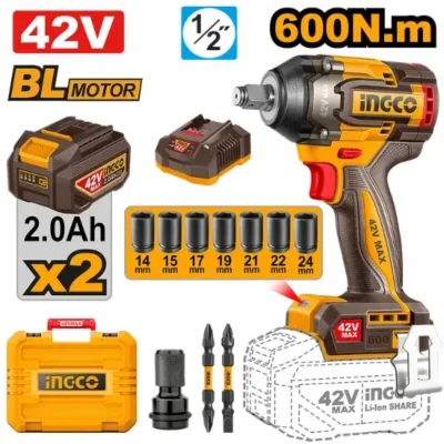 INGCO CIWLI42602 42V 2Batt 2Ah+Char+Box BL 600N 1/2" فرد شد عزق بطارية Cordless Impact Wrench