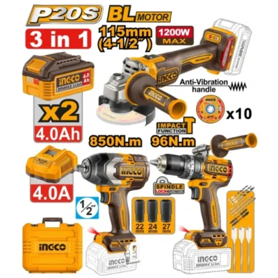 INGCO COSLI251292 20V مجموعة مقدح + فرد شد عزق + صاروخ Cordless Brushless 3-Piece Combo Kit