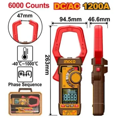 INGCO DCM610002 AC/DC 6000 Counts 1200A (94.5mm) كلامبميتر ديجيتال راس عريض Digital Clamp Meter Multi Tester