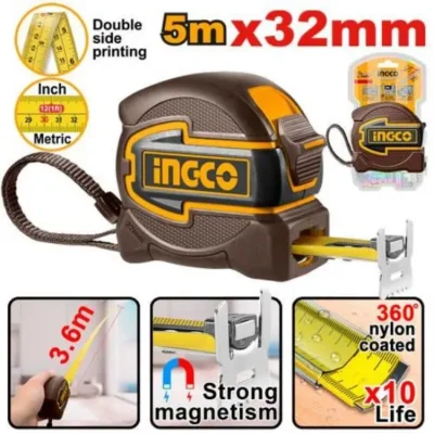 INGCO HSMT80532M 5mx32mm متر ملبس كوتشوك مرقم من الجهتين راس مغنطيس Industrial Steel Measuring Tape