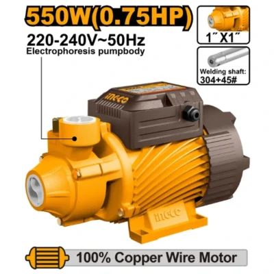INGCO VPM55068 0.75HP 550W 1" مضخة مياه ملف تحاس اكس ستانلس Peripheral Water Pump