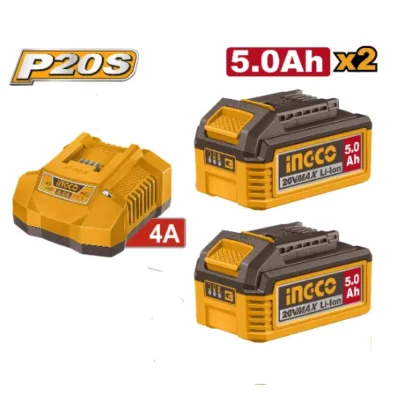 INGCO FBCPK2513 20V 2Pcs 5Ah مجموعة بطاريات مع شاحن صناعي Lithium-Ion Battery and Charger Kit
