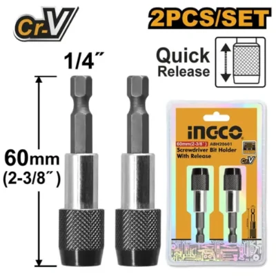 INGCO ABH20601 2Pcs 1/4" وصلة راس مفك مغنيس Screwdriver bit holder with release