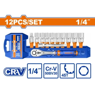 WADFOW WST4212 12 Pcs 1/4" CR-V طقم طربوش مع طقطاق Socket Set