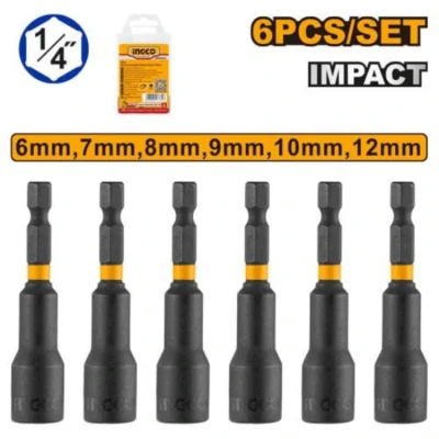 INGCO AMN65061 6PCS (6,7,8,9,10,12)mm TOT HEX 1/4" طقم وصلات طربوش Impact Magnetic Nut Set