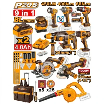 INGCO CKLI2098  20V 9 Pcs مجموعة عدة صناعية مع بطاريات وشنطة واكسسوار  Cordless Industrial Combo Kit