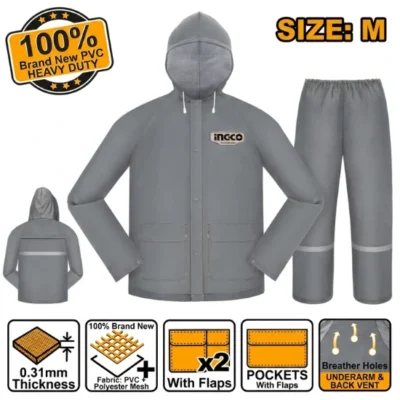 INGCO HRCTSKT031GY.M  PVC طقم مطري Industrial Rain Coat Suit Set w/ Zipper and Pocket 100% NEW PVC Size: M