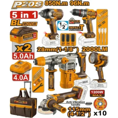 INGCO COSLI251193 20V Bag مجموعة كومبرسور تكسير وبرم +مقدح+فرد شد +صاروخ+انتريك Cordless Industrial Combo Kit